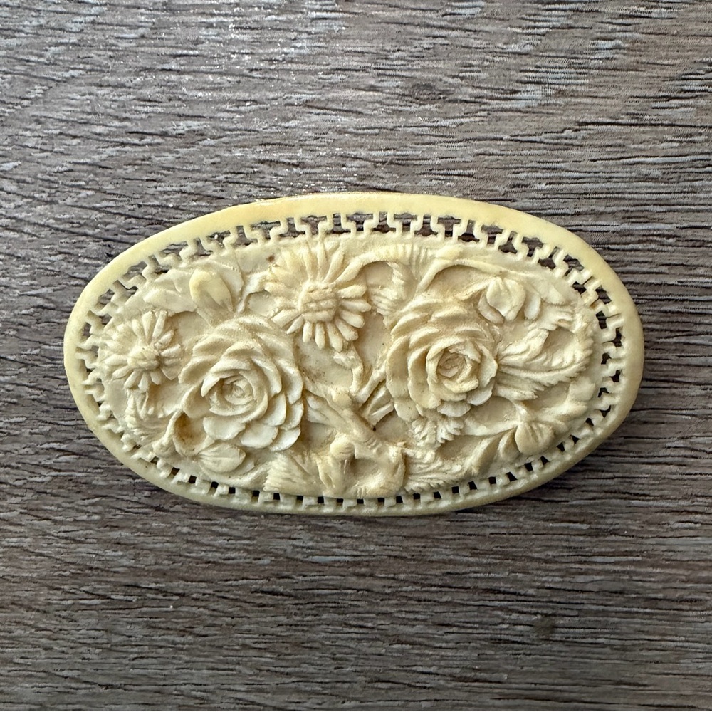 Floral Carved Bone Oval Brooch
